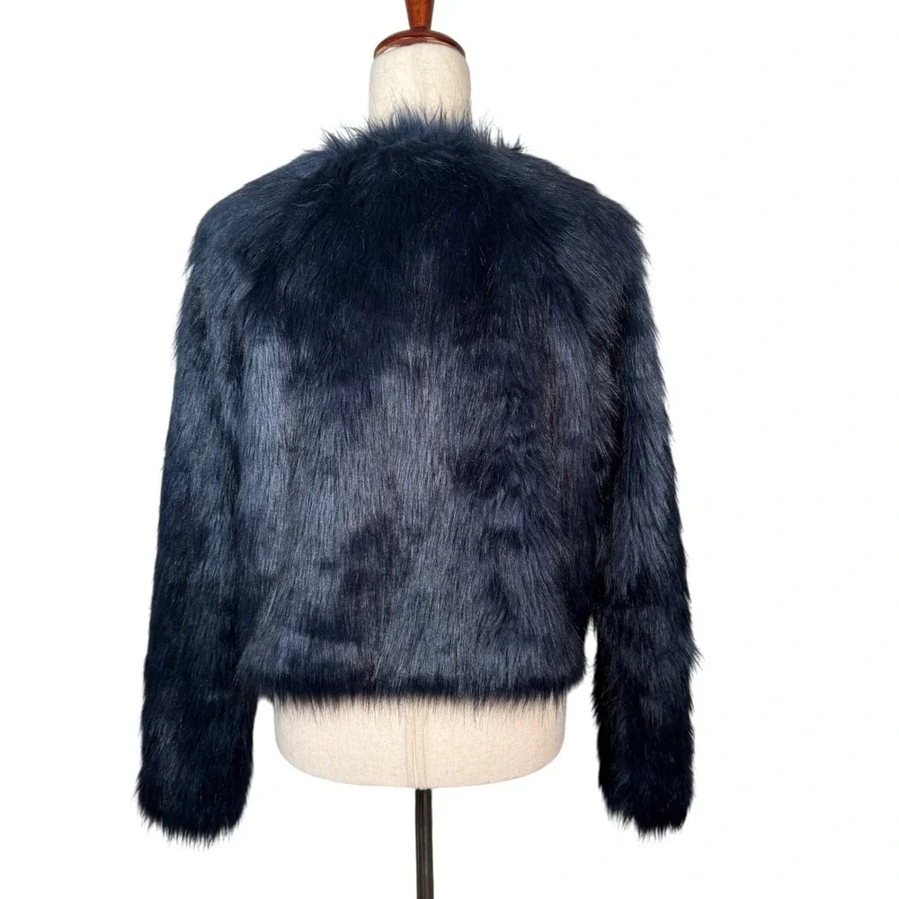 Free People Faux Fur Jacket Womens S Navy Blue Shaggy‎ Boho Cropped Coat Cropped